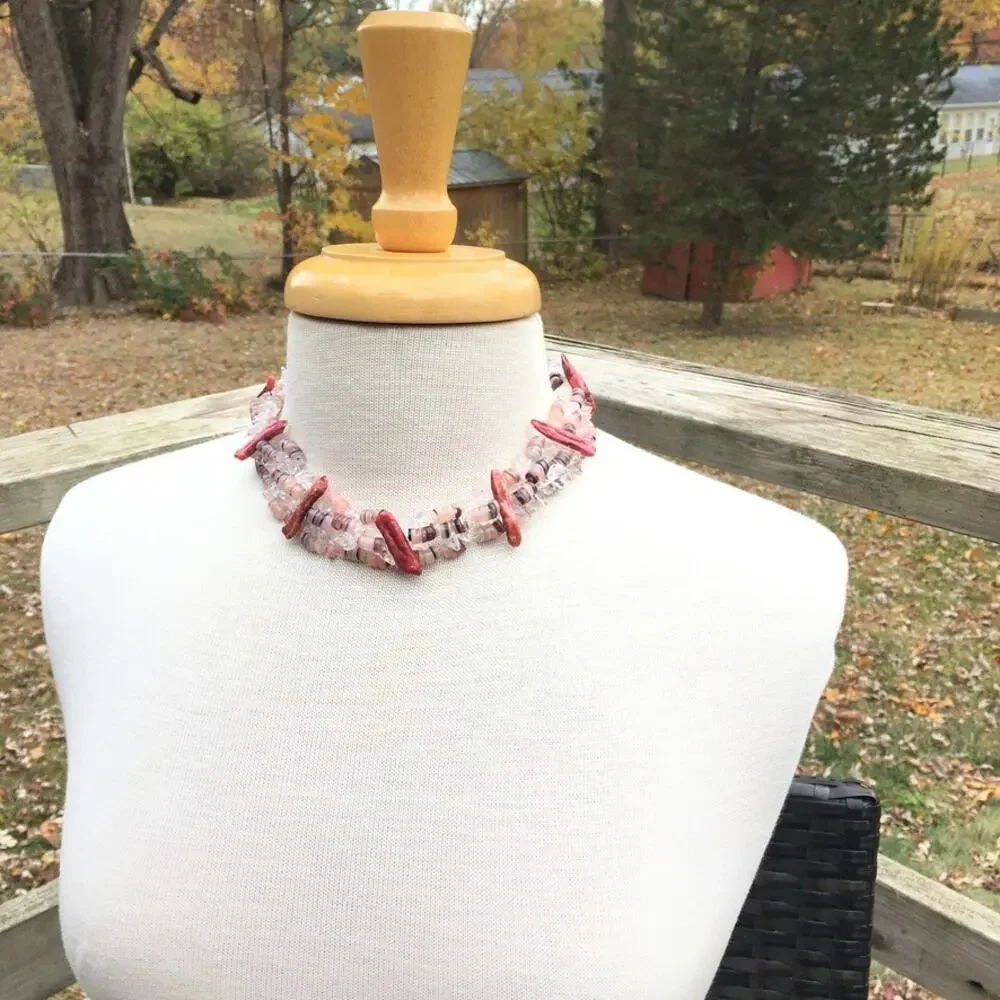 Unique natural materials pink and clear collar necklace